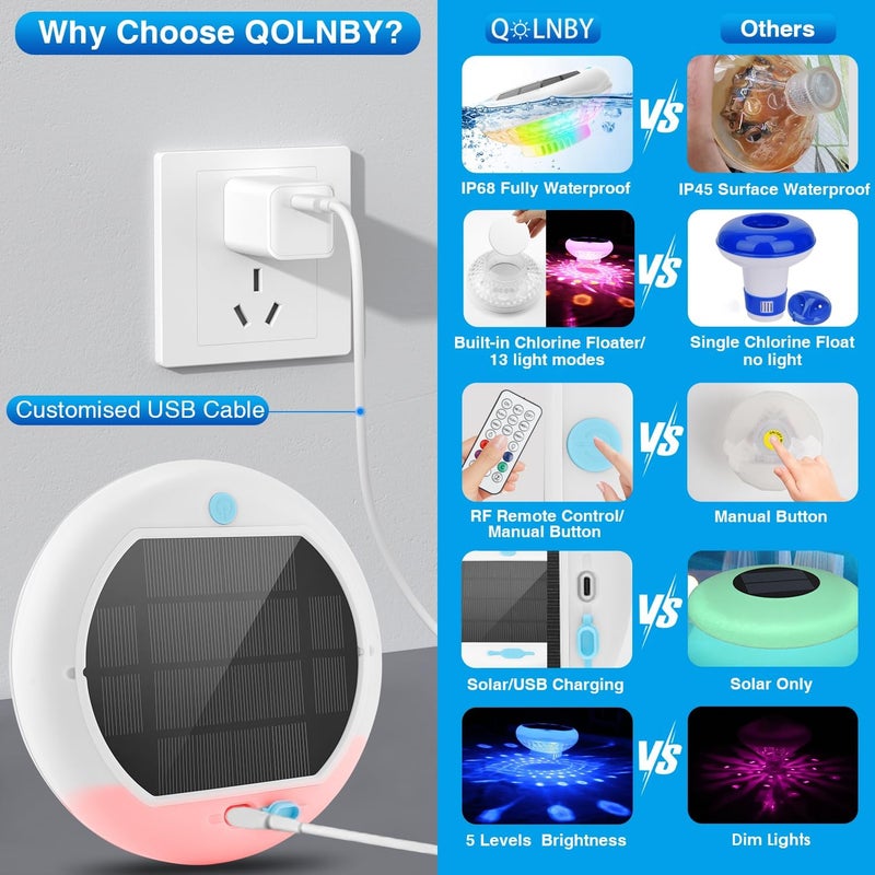 QOLNBY Solar Pool Chlorine Floater, USB Rechargeable Floating Pool Lights, 2600mAh 6.69” IP68 Waterproof Floating Chlorine Dispenser,13 Color Modes Adjustable Release Solar Chlorines Floater 4 Pack - Image 5